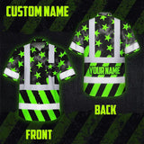 Hi Vis Hawaiian Shirt Reflective Tapes Green Neon US Flag Custom Name Safety Workwear For Workers, Truckers, Operators
