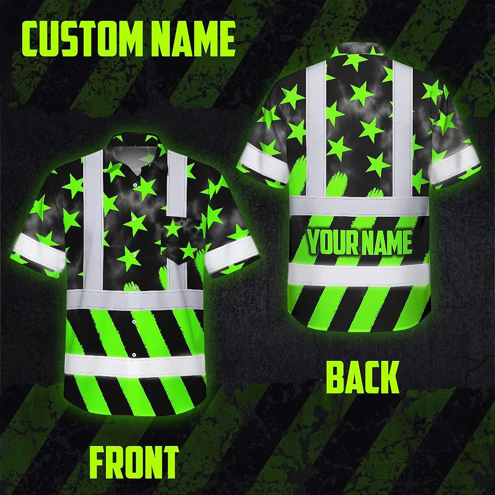 Hi Vis Hawaiian Shirt Reflective Tapes Green Neon US Flag Custom Name Safety Workwear For Workers, Truckers, Operators