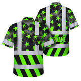 Hi Vis Hawaiian Shirt Reflective Tapes Green Neon US Flag Custom Name Safety Workwear For Workers, Truckers, Operators