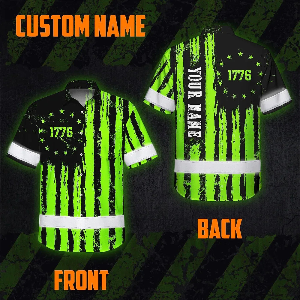 Hi Vis Hawaiian Shirt Reflective Tapes Green Neon US Flag Custom Name Safety Workwear For Workers, Truckers, Operators, Independence