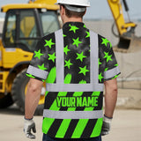 Hi Vis Hawaiian Shirt Reflective Tapes Green Neon US Flag Custom Name Safety Workwear For Workers, Truckers, Operators