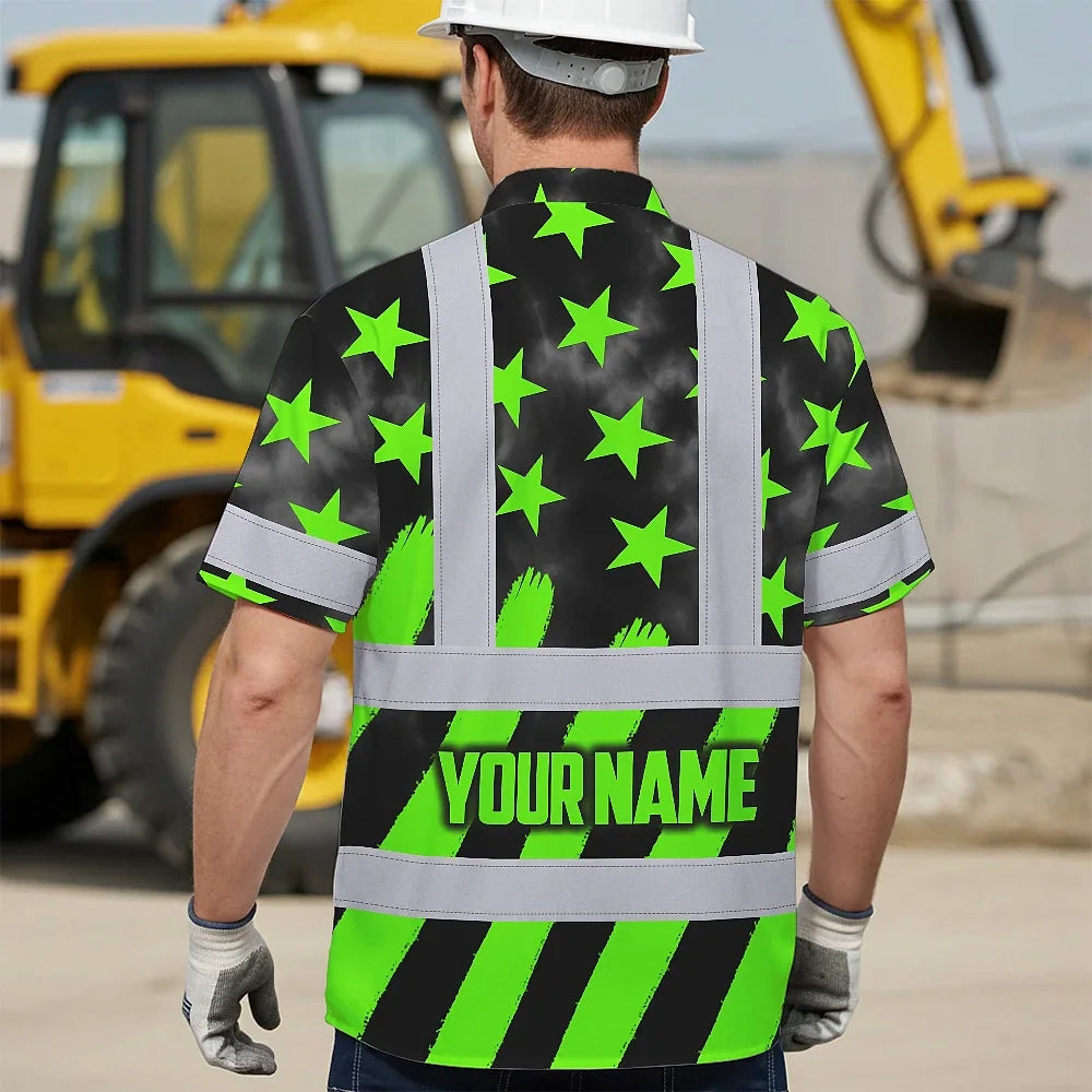 Hi Vis Hawaiian Shirt Reflective Tapes Green Neon US Flag Custom Name Safety Workwear For Workers, Truckers, Operators