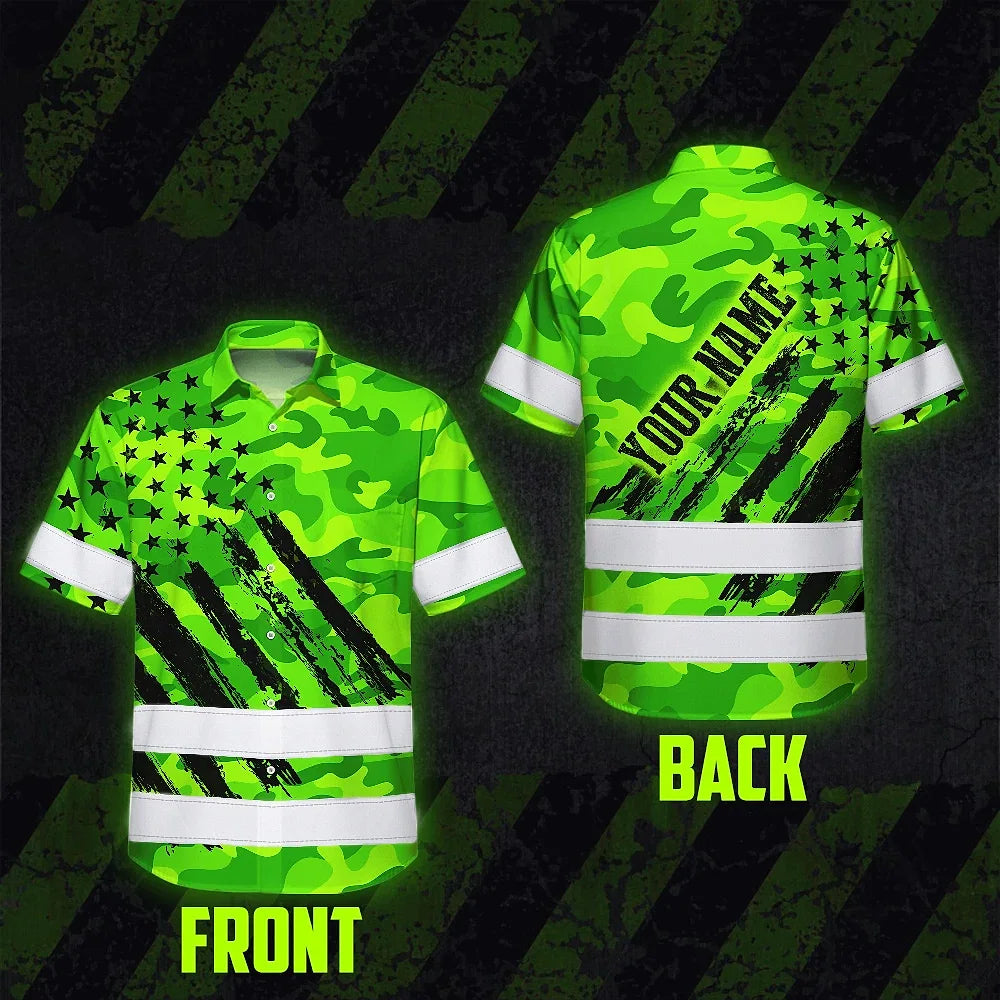 Hi Vis Hawaiian Shirt Reflective Tapes Green Neon US Flag Custom Name