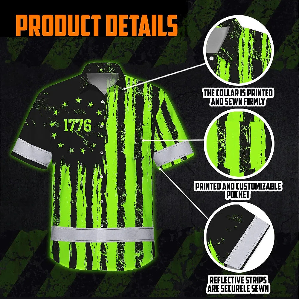 Hi Vis Hawaiian Shirt Reflective Tapes Green Neon US Flag Custom Name Safety Workwear For Workers, Truckers, Operators, Independence