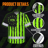 Hi Vis Hawaiian Shirt Reflective Tapes Green Neon US Flag Custom Name Safety Workwear For Workers, Truckers, Operators, Independence