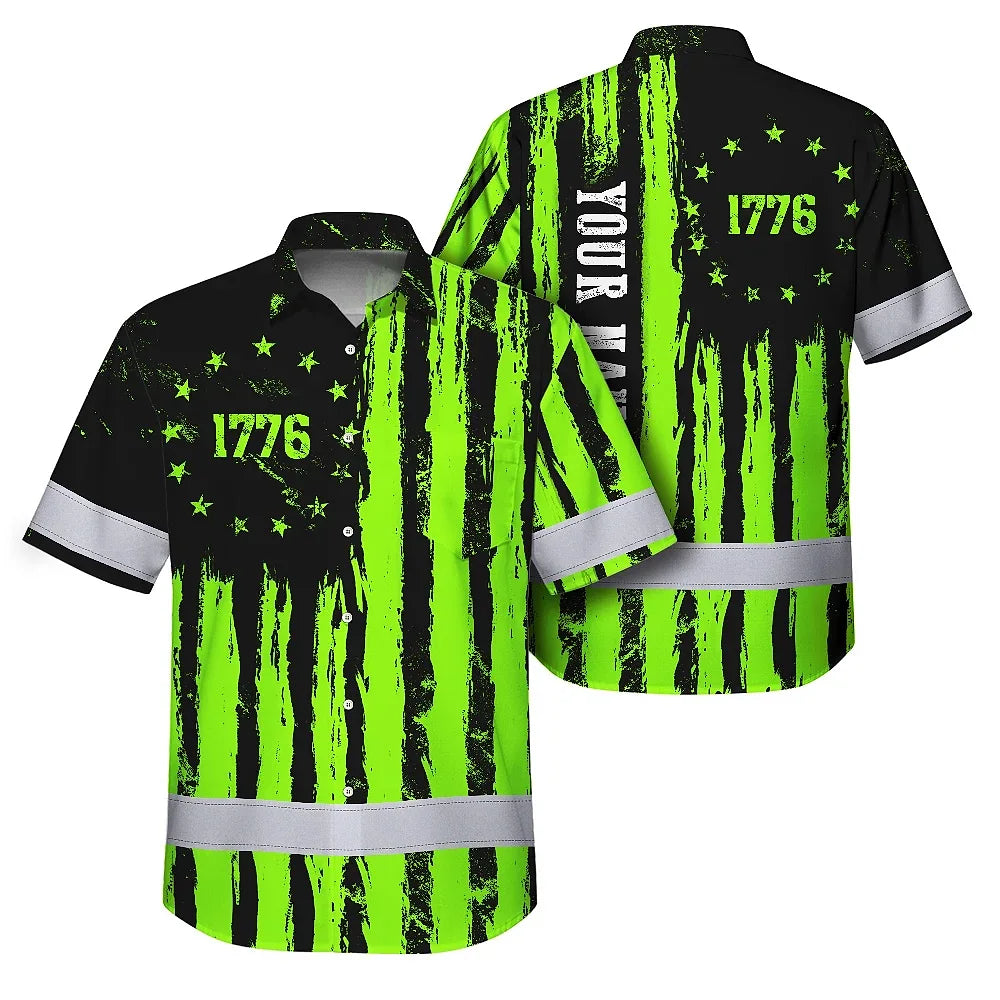 Hi Vis Hawaiian Shirt Reflective Tapes Green Neon US Flag Custom Name Safety Workwear For Workers, Truckers, Operators, Independence