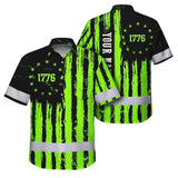 Hi Vis Hawaiian Shirt Reflective Tapes Green Neon US Flag Custom Name Safety Workwear For Workers, Truckers, Operators, Independence