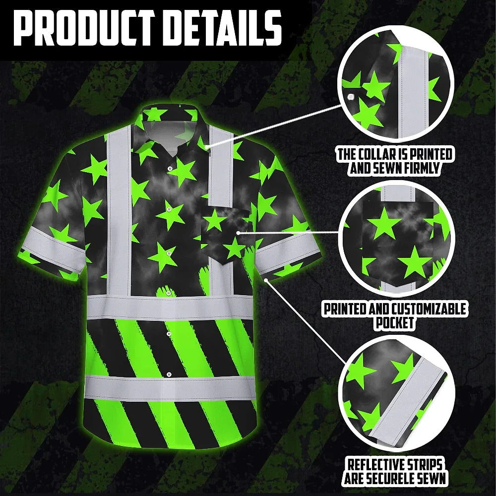 Hi Vis Hawaiian Shirt Reflective Tapes Green Neon US Flag Custom Name Safety Workwear For Workers, Truckers, Operators