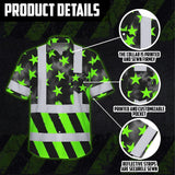 Hi Vis Hawaiian Shirt Reflective Tapes Green Neon US Flag Custom Name Safety Workwear For Workers, Truckers, Operators