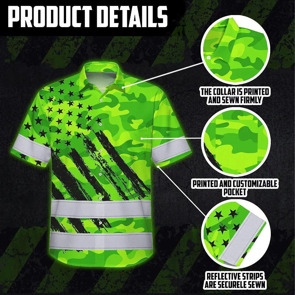Hi Vis Hawaiian Shirt Reflective Tapes Green Neon US Flag Custom Name