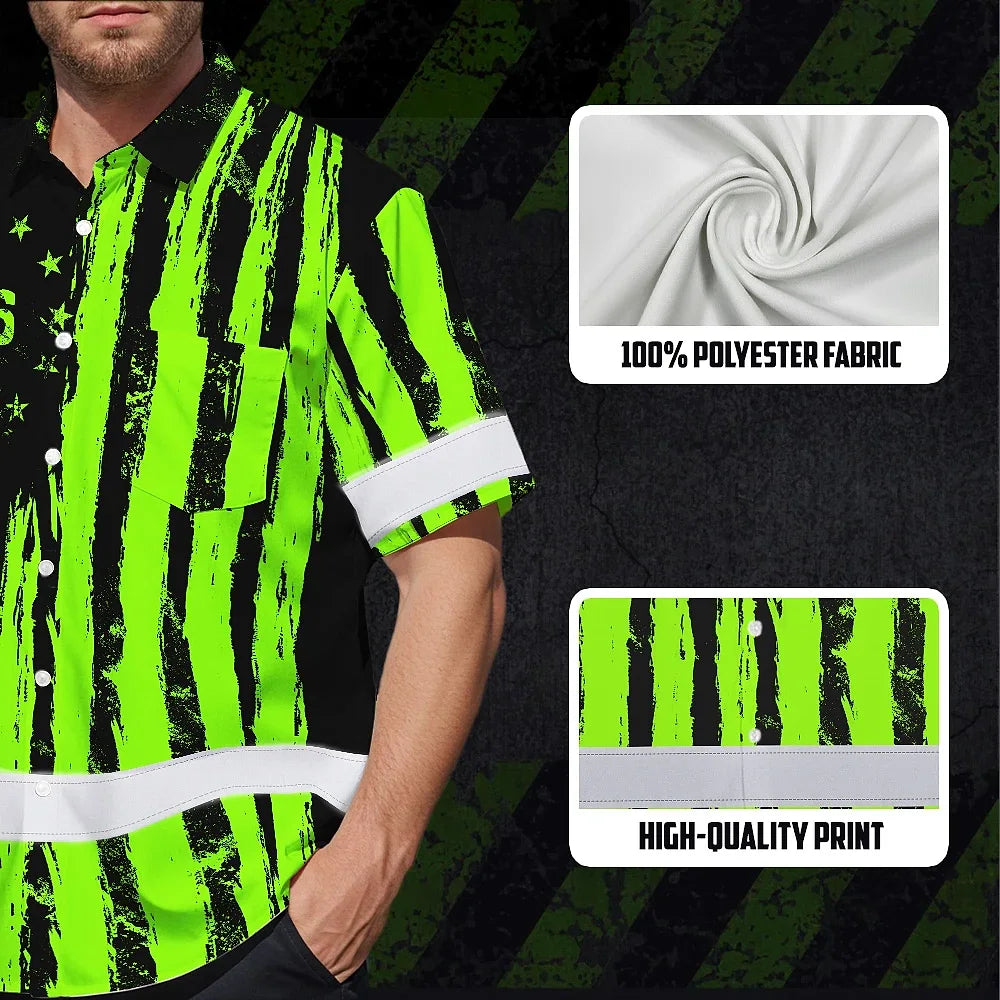 Hi Vis Hawaiian Shirt Reflective Tapes Green Neon US Flag Custom Name Safety Workwear For Workers, Truckers, Operators, Independence