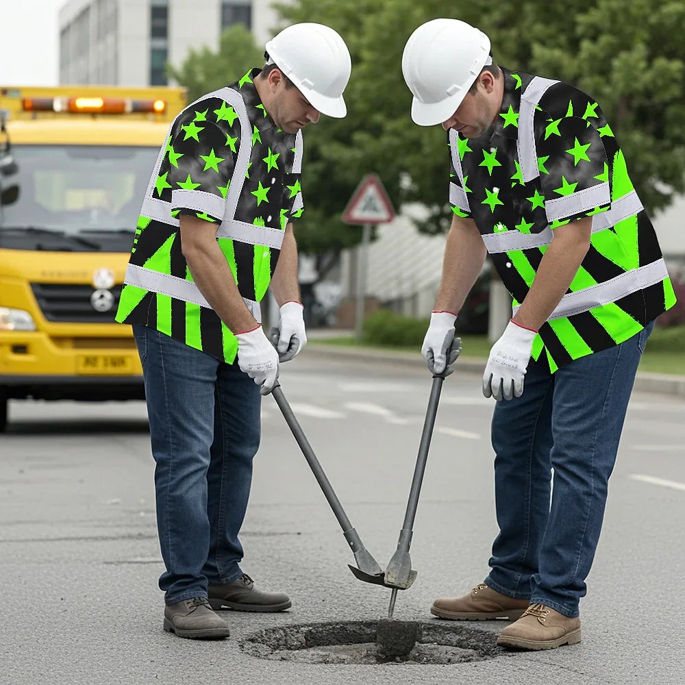 Hi Vis Hawaiian Shirt Reflective Tapes Green Neon US Flag Custom Name Safety Workwear For Workers, Truckers, Operators