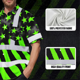Hi Vis Hawaiian Shirt Reflective Tapes Green Neon US Flag Custom Name Safety Workwear For Workers, Truckers, Operators