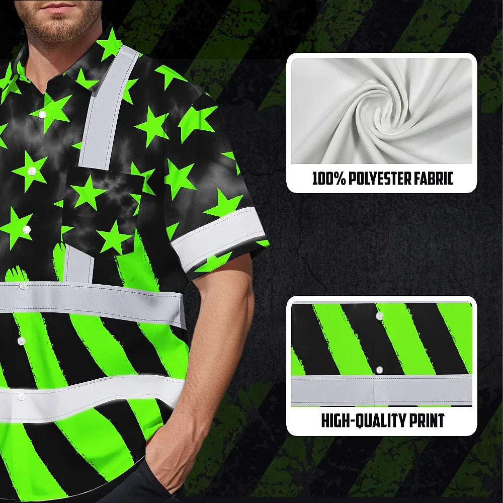 Hi Vis Hawaiian Shirt Reflective Tapes Green Neon US Flag Custom Name Safety Workwear For Workers, Truckers, Operators