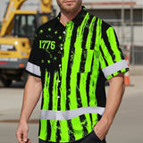 Hi Vis Hawaiian Shirt Reflective Tapes Green Neon US Flag Custom Name Safety Workwear For Workers, Truckers, Operators, Independence