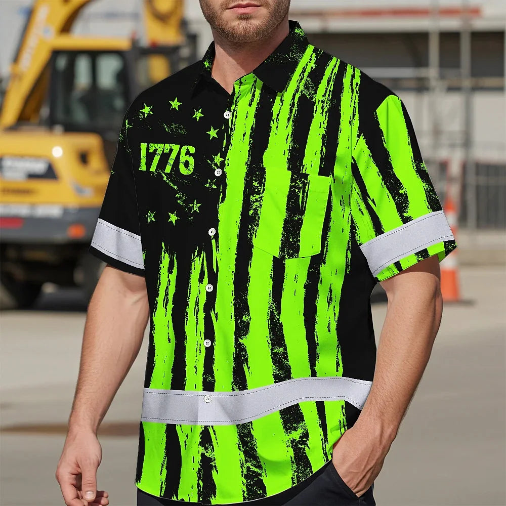 Hi Vis Hawaiian Shirt Reflective Tapes Green Neon US Flag Custom Name Safety Workwear For Workers, Truckers, Operators, Independence