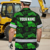 Hi Vis Hawaiian Shirt Reflective Tapes Green Neon US Flag Flower Custom Name Safety Workwear For Workers, Truckers, Operators, Independence