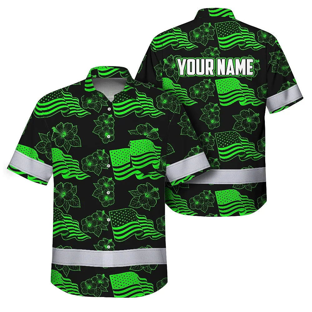 Hi Vis Hawaiian Shirt Reflective Tapes Green Neon US Flag Flower Custom Name Safety Workwear For Workers, Truckers, Operators, Independence