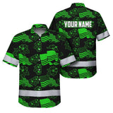 Hi Vis Hawaiian Shirt Reflective Tapes Green Neon US Flag Flower Custom Name Safety Workwear For Workers, Truckers, Operators, Independence