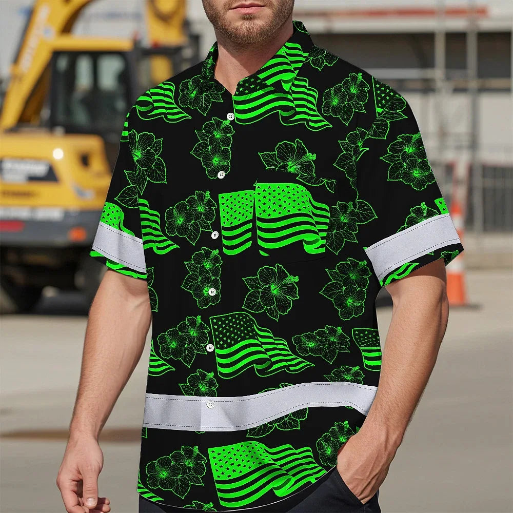Hi Vis Hawaiian Shirt Reflective Tapes Green Neon US Flag Flower Custom Name Safety Workwear For Workers, Truckers, Operators, Independence