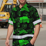 Hi Vis Hawaiian Shirt Reflective Tapes Green Neon US Flag Flower Custom Name Safety Workwear For Workers, Truckers, Operators, Independence