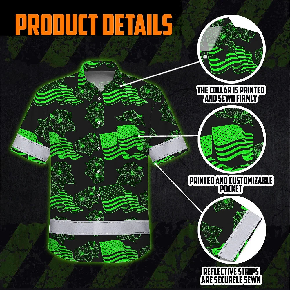 Hi Vis Hawaiian Shirt Reflective Tapes Green Neon US Flag Flower Custom Name Safety Workwear For Workers, Truckers, Operators, Independence