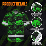 Hi Vis Hawaiian Shirt Reflective Tapes Green Neon US Flag Flower Custom Name Safety Workwear For Workers, Truckers, Operators, Independence