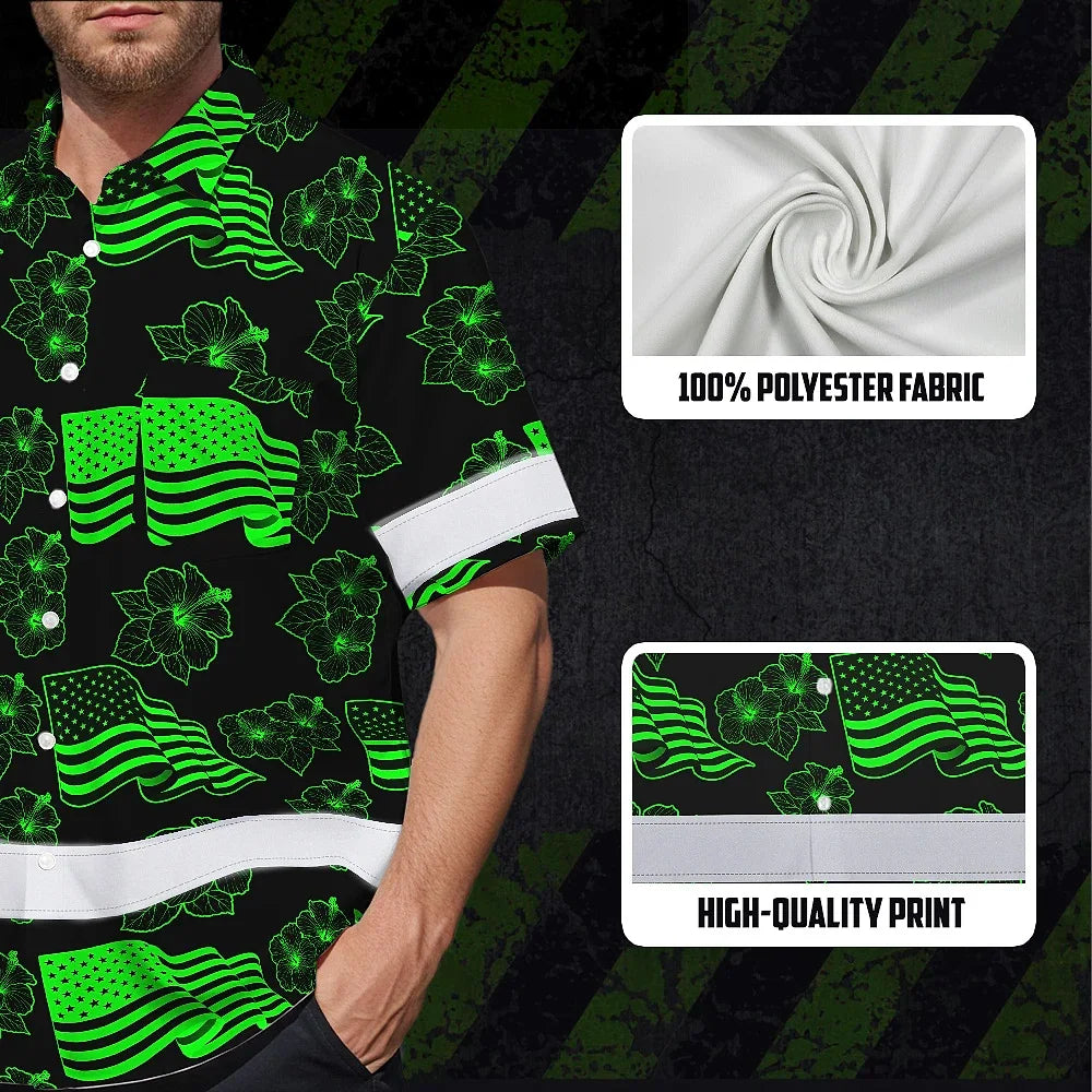 Hi Vis Hawaiian Shirt Reflective Tapes Green Neon US Flag Flower Custom Name Safety Workwear For Workers, Truckers, Operators, Independence