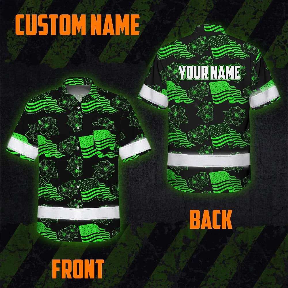 Hi Vis Hawaiian Shirt Reflective Tapes Green Neon US Flag Flower Custom Name Safety Workwear For Workers, Truckers, Operators, Independence