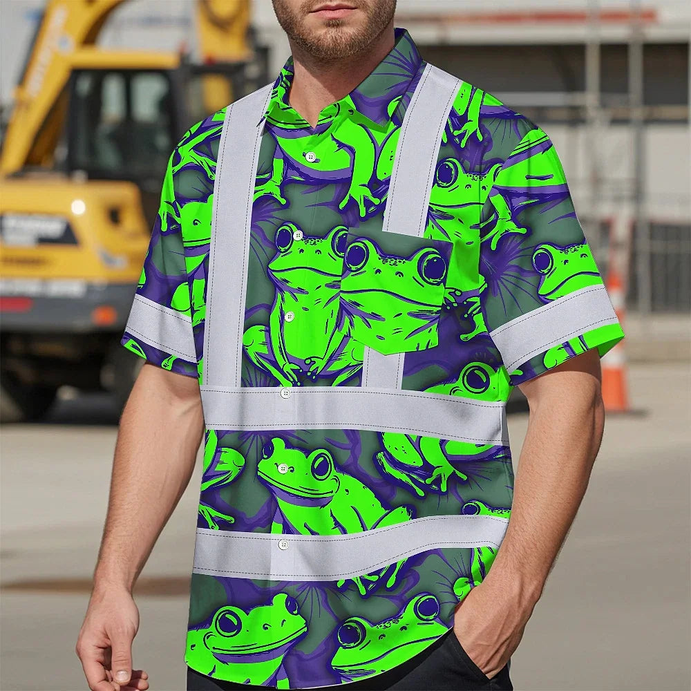 Hi Vis Hawaiian Shirt Reflective Tapes Green Neon Violet Frog Custom Name Safety Workwear For Workers, Truckers, Operators