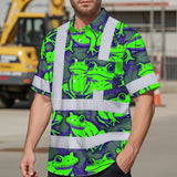Hi Vis Hawaiian Shirt Reflective Tapes Green Neon Violet Frog Custom Name Safety Workwear For Workers, Truckers, Operators