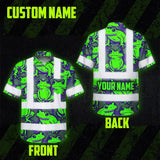 Hi Vis Hawaiian Shirt Reflective Tapes Green Neon Violet Frog Custom Name Safety Workwear For Workers, Truckers, Operators