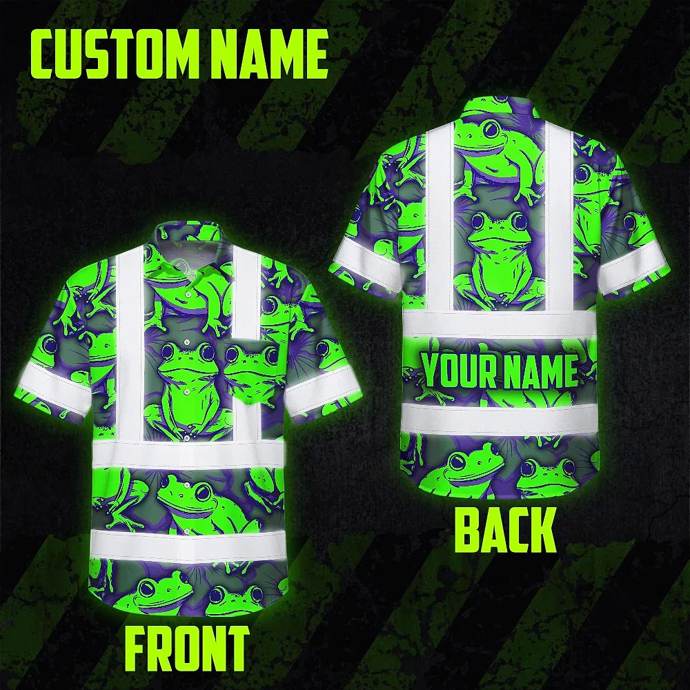 Hi Vis Hawaiian Shirt Reflective Tapes Green Neon Violet Frog Custom Name Safety Workwear For Workers, Truckers, Operators
