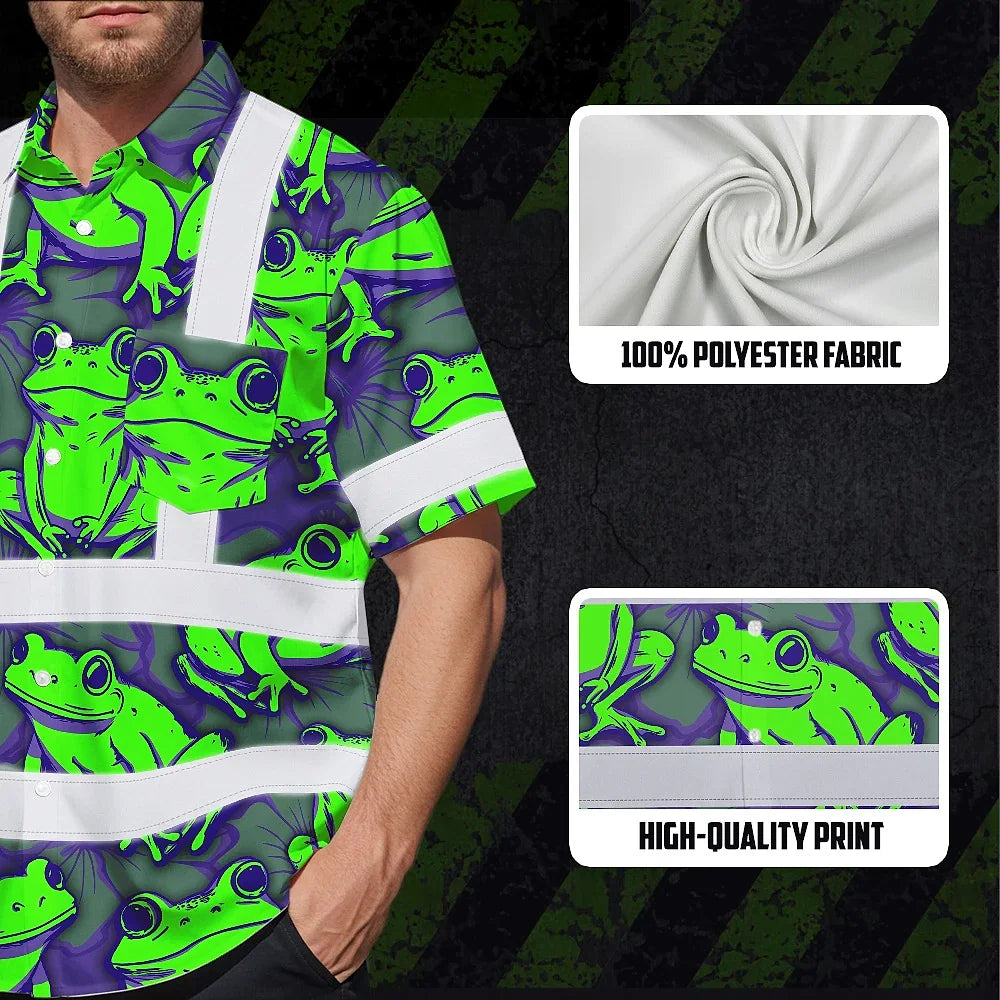 Hi Vis Hawaiian Shirt Reflective Tapes Green Neon Violet Frog Custom Name Safety Workwear For Workers, Truckers, Operators