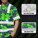 Hi Vis Hawaiian Shirt Reflective Tapes Green Neon Violet Frog Custom Name Safety Workwear For Workers, Truckers, Operators