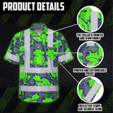 Hi Vis Hawaiian Shirt Reflective Tapes Green Neon Violet Frog Custom Name Safety Workwear For Workers, Truckers, Operators