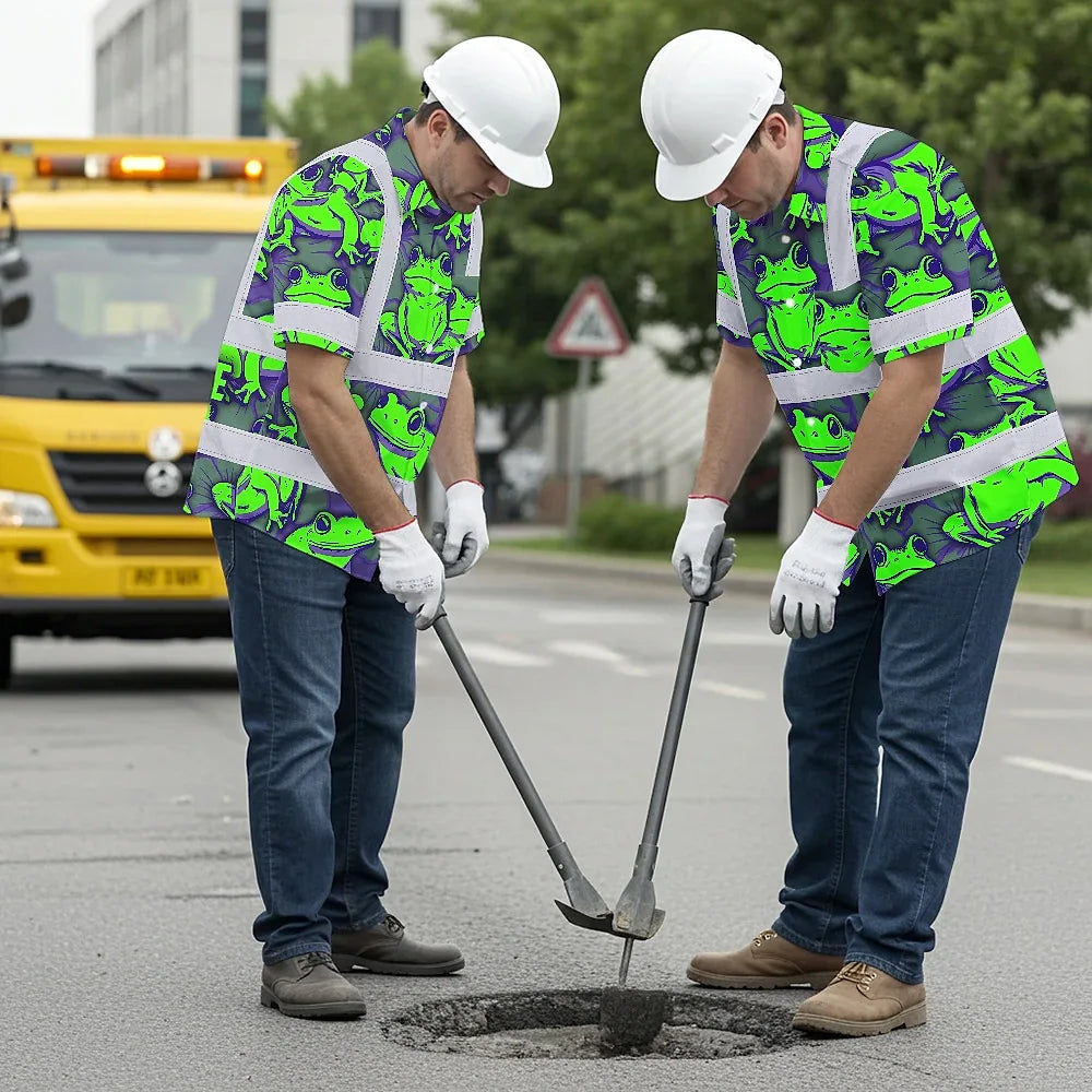 Hi Vis Hawaiian Shirt Reflective Tapes Green Neon Violet Frog Custom Name Safety Workwear For Workers, Truckers, Operators