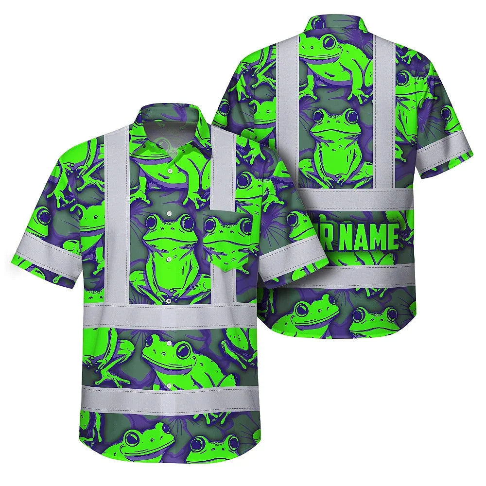 Hi Vis Hawaiian Shirt Reflective Tapes Green Neon Violet Frog Custom Name Safety Workwear For Workers, Truckers, Operators