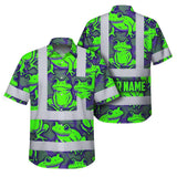 Hi Vis Hawaiian Shirt Reflective Tapes Green Neon Violet Frog Custom Name Safety Workwear For Workers, Truckers, Operators