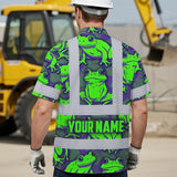 Hi Vis Hawaiian Shirt Reflective Tapes Green Neon Violet Frog Custom Name Safety Workwear For Workers, Truckers, Operators