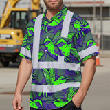 Hi Vis Hawaiian Shirt Reflective Tapes Green Neon Violet Hummingbird Custom Name Safety Workwear For Workers, Truckers, Operators