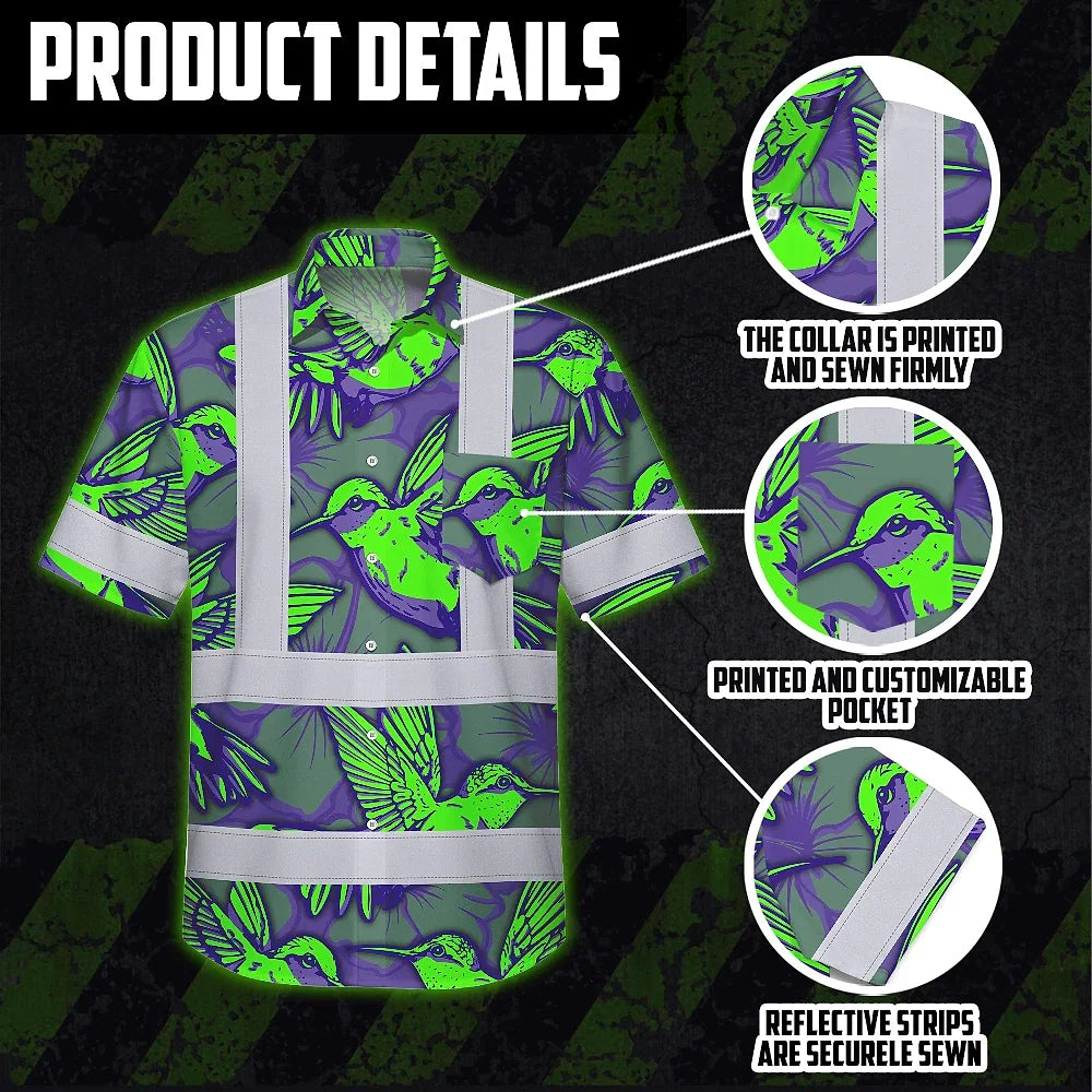 Hi Vis Hawaiian Shirt Reflective Tapes Green Neon Violet Hummingbird Custom Name Safety Workwear For Workers, Truckers, Operators