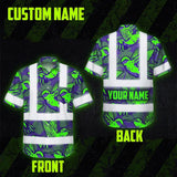 Hi Vis Hawaiian Shirt Reflective Tapes Green Neon Violet Hummingbird Custom Name Safety Workwear For Workers, Truckers, Operators