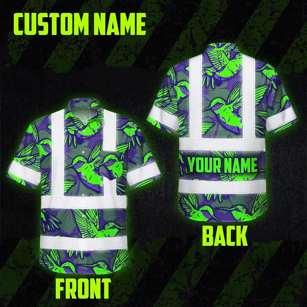 Hi Vis Hawaiian Shirt Reflective Tapes Green Neon Violet Hummingbird Custom Name Safety Workwear For Workers, Truckers, Operators