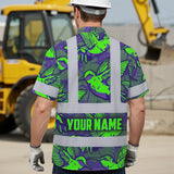 Hi Vis Hawaiian Shirt Reflective Tapes Green Neon Violet Hummingbird Custom Name Safety Workwear For Workers, Truckers, Operators