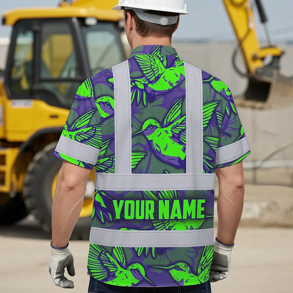 Hi Vis Hawaiian Shirt Reflective Tapes Green Neon Violet Hummingbird Custom Name Safety Workwear For Workers, Truckers, Operators