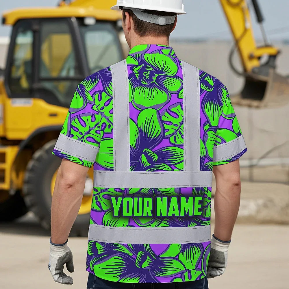 Hi Vis Hawaiian Shirt Reflective Tapes Green Neon Violet Orchid Custom Name Safety Workwear For Workers, Truckers, Operators