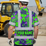 Hi Vis Hawaiian Shirt Reflective Tapes Green Neon Violet Orchid Custom Name Safety Workwear For Workers, Truckers, Operators