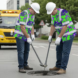 Hi Vis Hawaiian Shirt Reflective Tapes Green Neon Violet Orchid Custom Name Safety Workwear For Workers, Truckers, Operators