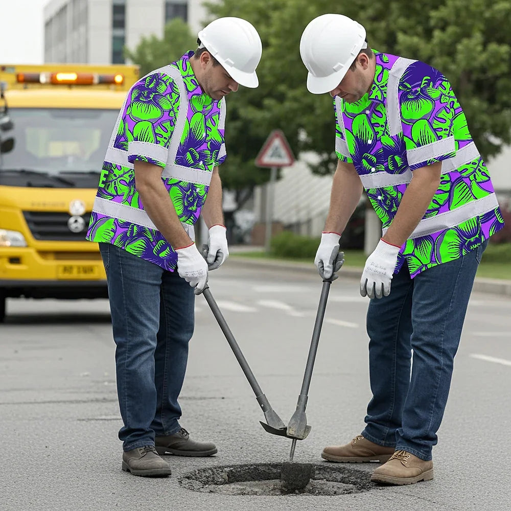 Hi Vis Hawaiian Shirt Reflective Tapes Green Neon Violet Orchid Custom Name Safety Workwear For Workers, Truckers, Operators